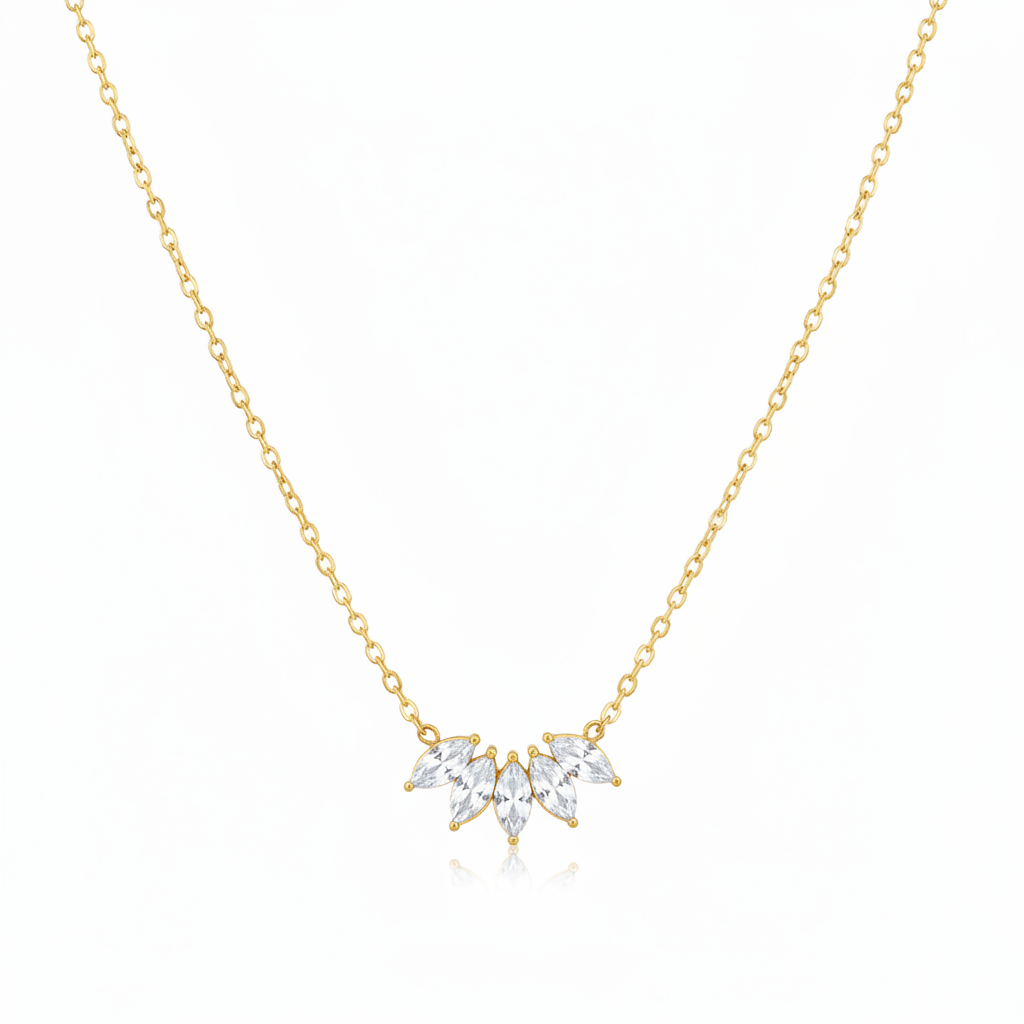 Gold white zircon crystal leaf necklace on white background
