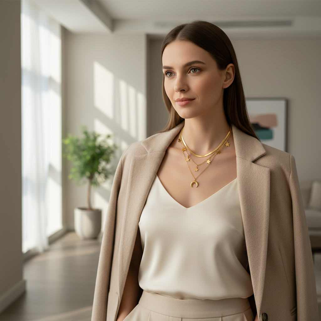 Layered necklace indoor lifestyle - correct size