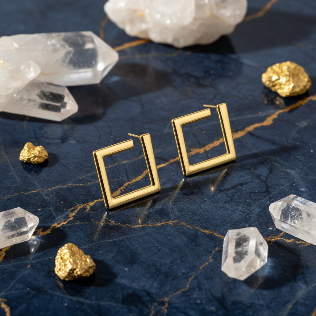 Luxury gold square studs on blue marble