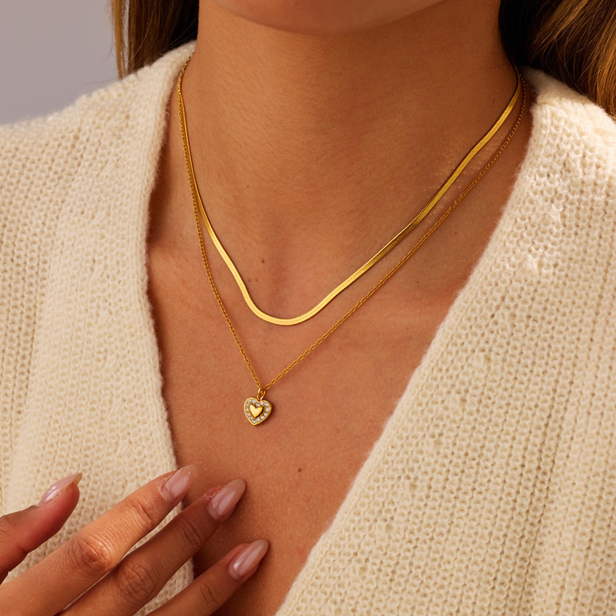 Heart Layered Snake Chain Zircon Pendant Necklace (GOLD)