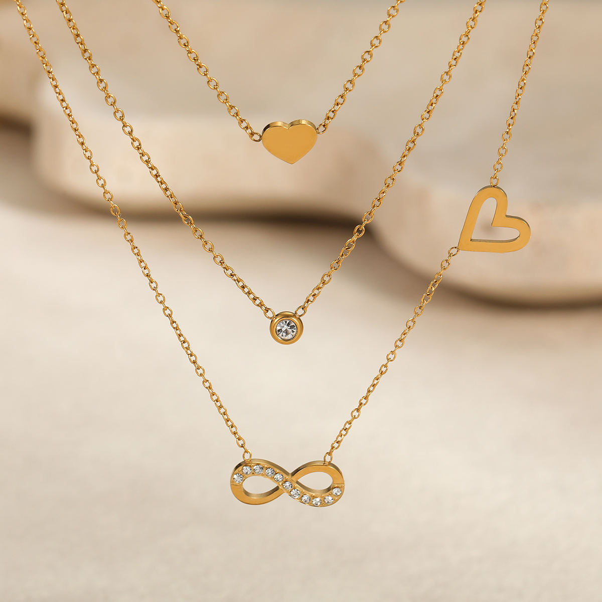 Eternal Love Layered Rhinestone Heart Waterproof Infinity Pendant Necklace (GOLD)