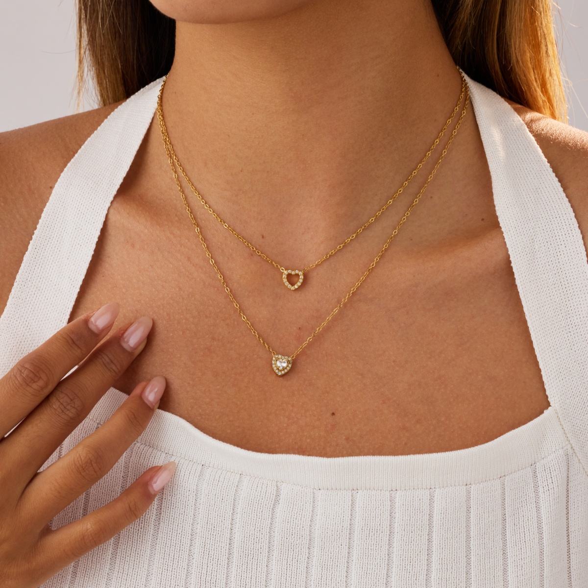 Layered Zircon Stone Heart Pendant Necklace (GOLD)