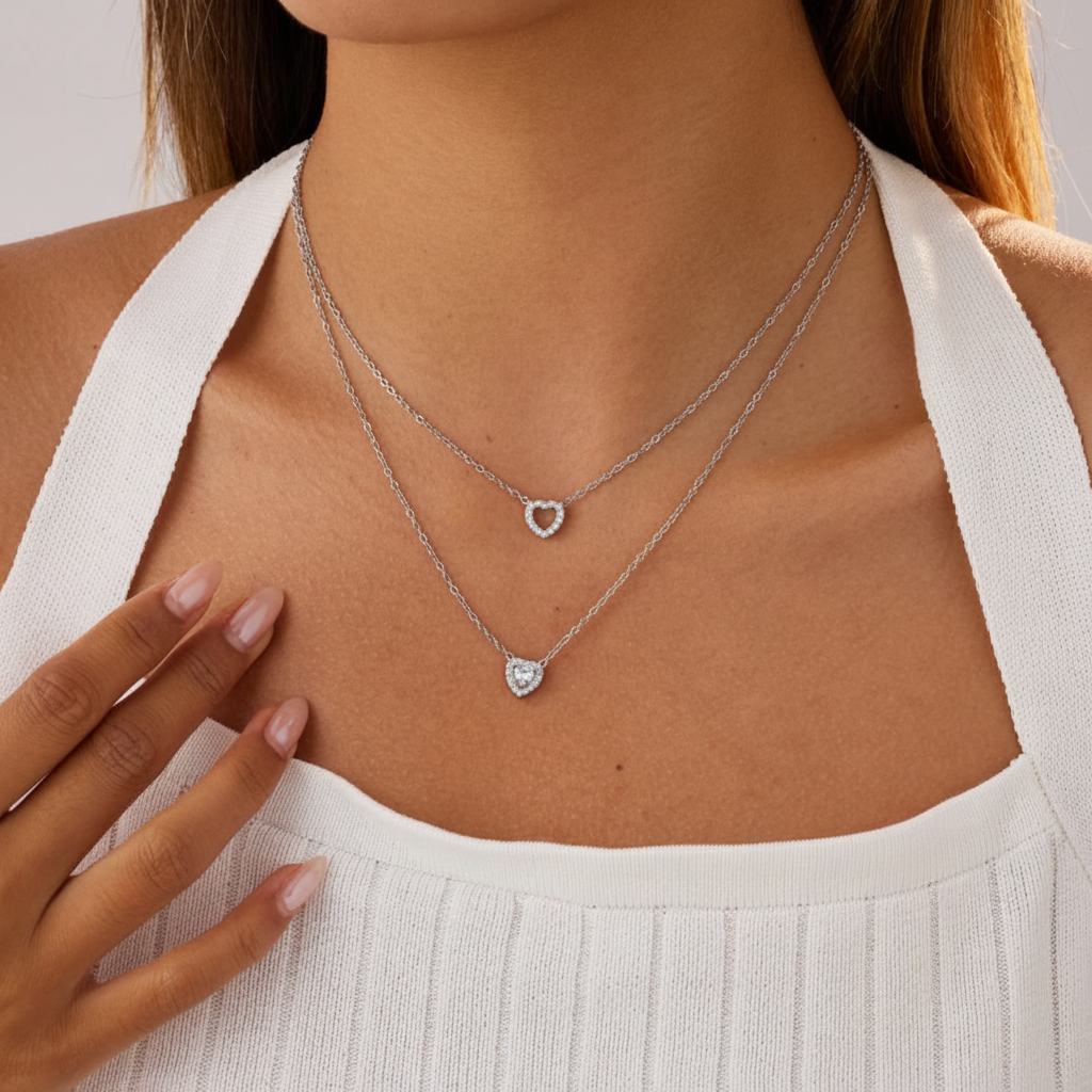 Layered Zircon Stone Heart Pendant Necklace (SILVER)