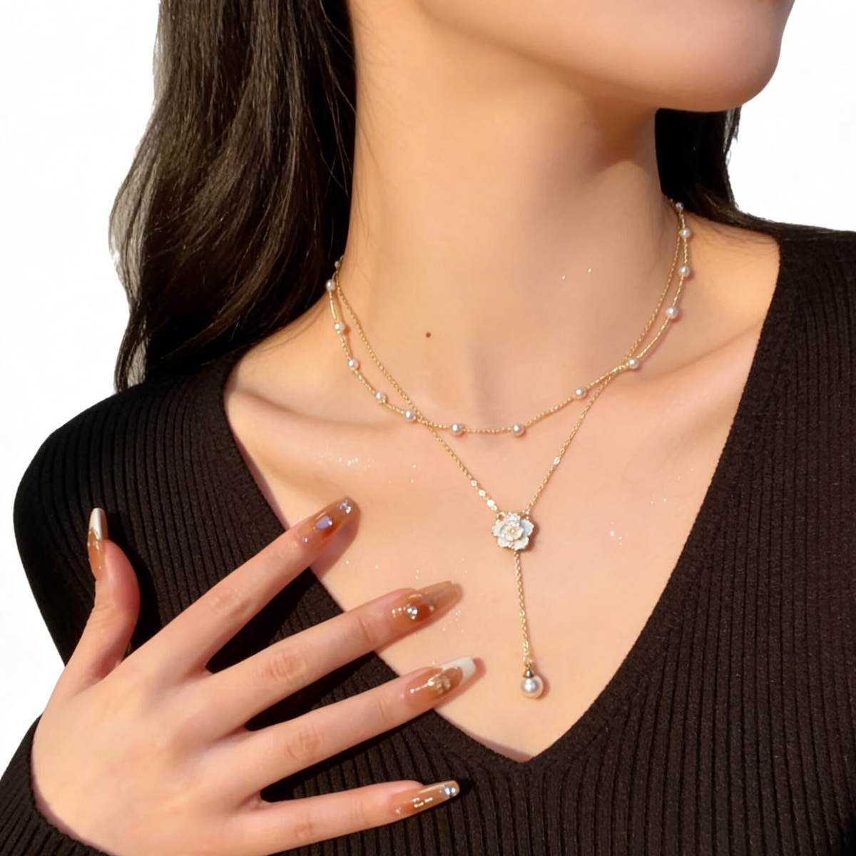 Layered Vintage Flower and Pearl Necklace (GOLD)