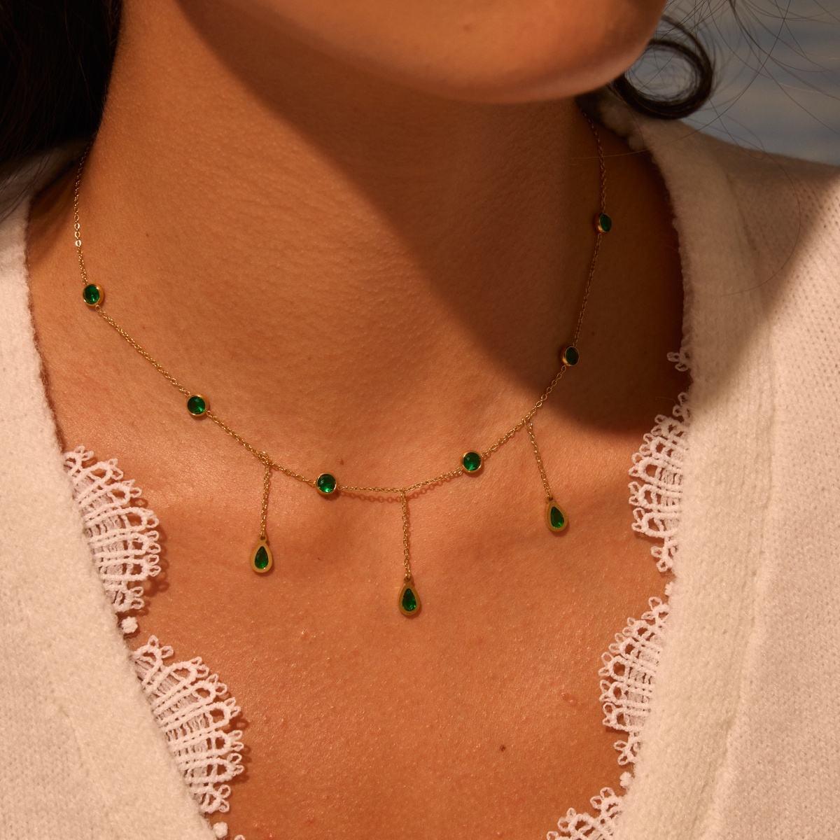 Tassel Green Zircon Water Drops Pendant Necklace (GOLD)
