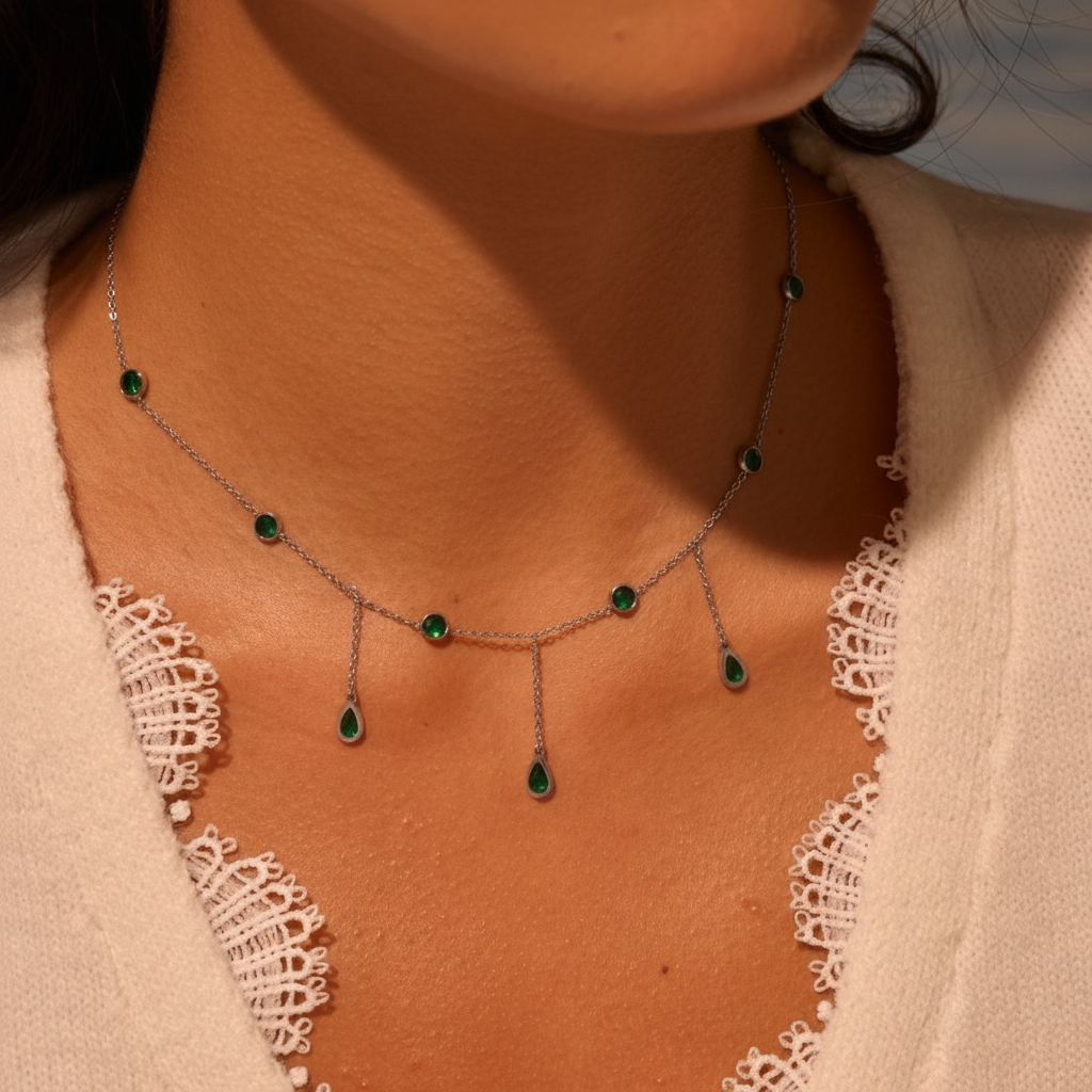 Tassel Green Zircon Water Drops Pendant Necklace (SILVER)