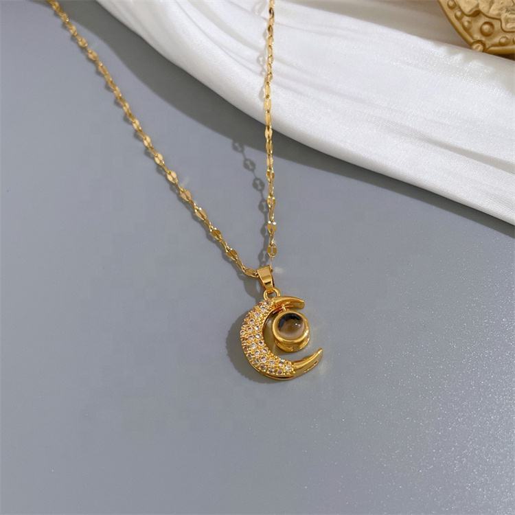 I Love You in 100 Different Languages Zircon Moon Pendant Necklace (GOLD)