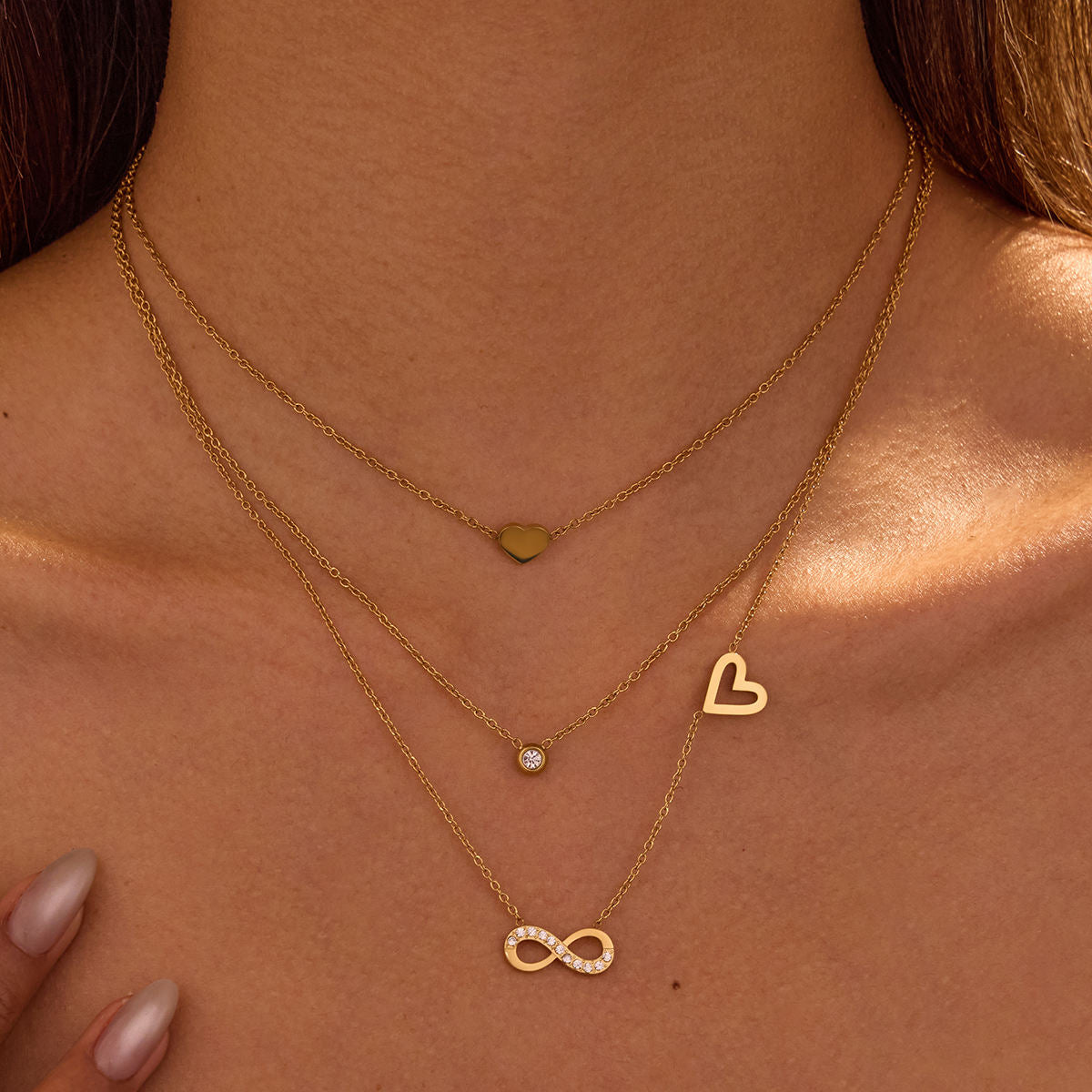 Eternal Love Layered Rhinestone Heart Waterproof Infinity Pendant Necklace (GOLD)