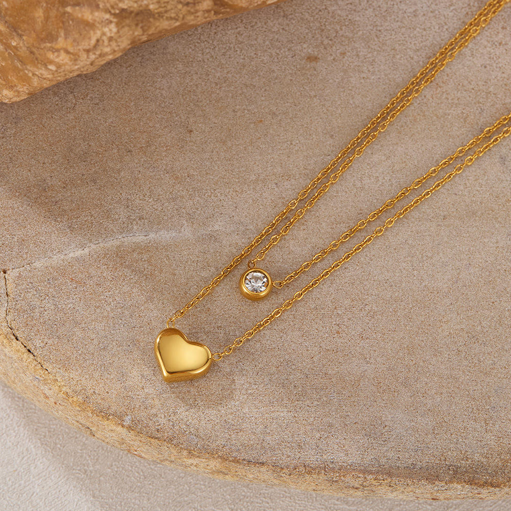 Layered Vintage Zircon Drop Heart Pendants Necklace (GOLD)