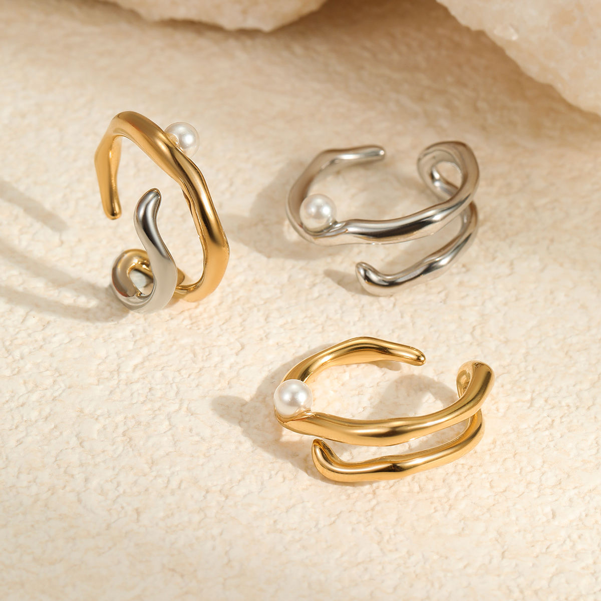 Simple Pearl Irregular Geometric Adjustable Ring (GOLD)