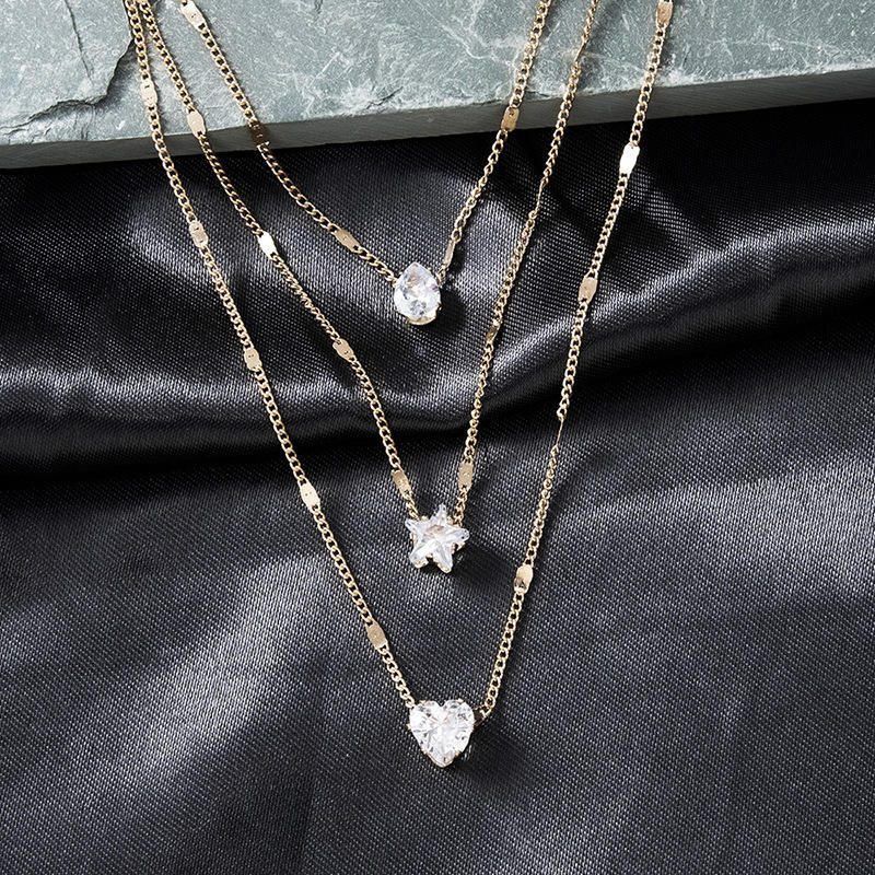 Layered Zircon Rhinestone Love Star Water Drop Heart Pendant Necklace (GOLD)