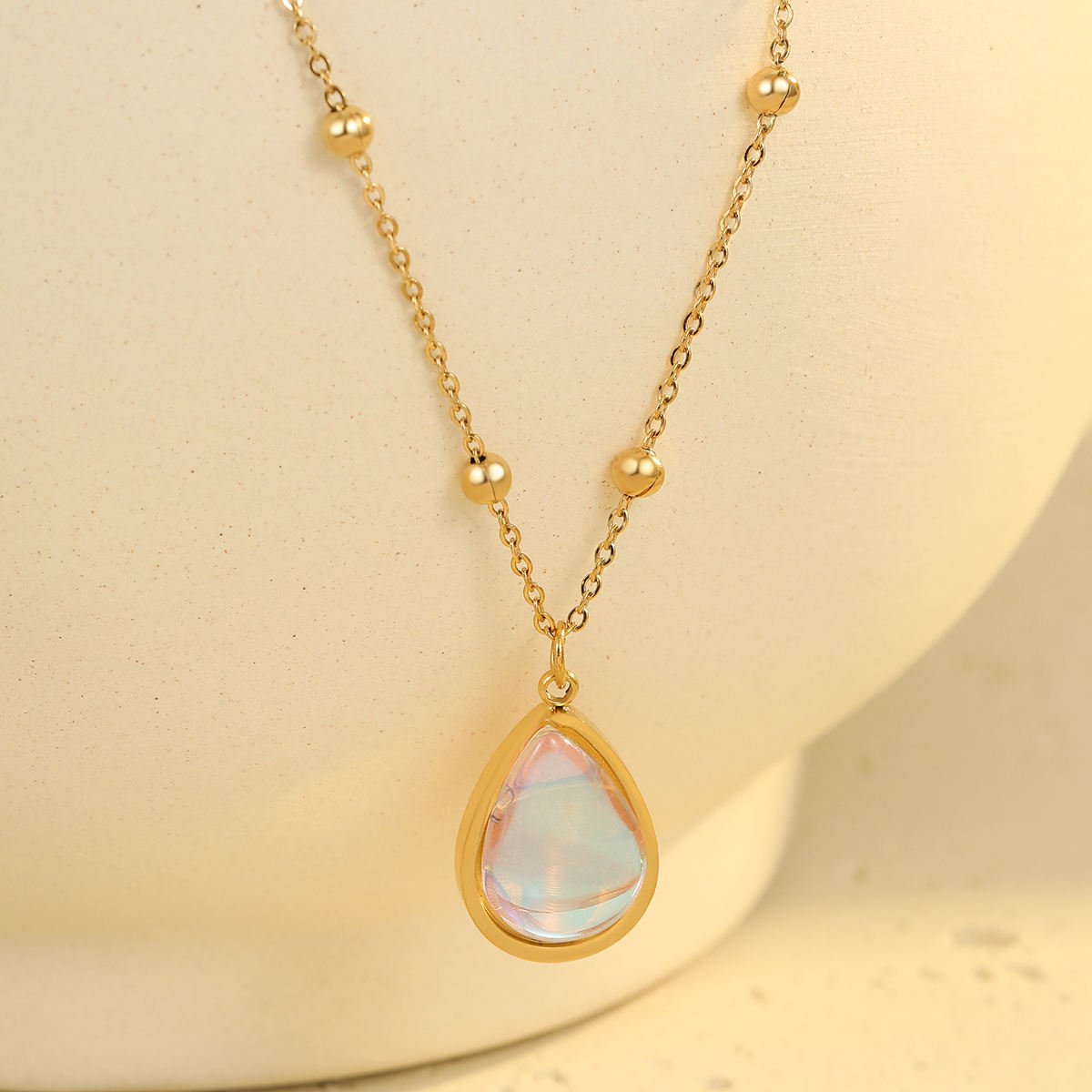 Teardrop Opal Rainbow Stone Pendant Necklace (GOLD)