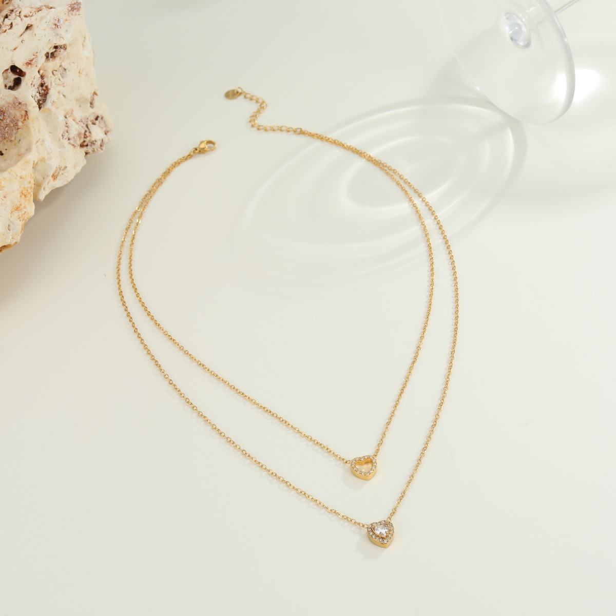 Layered Zircon Stone Heart Pendant Necklace (GOLD)