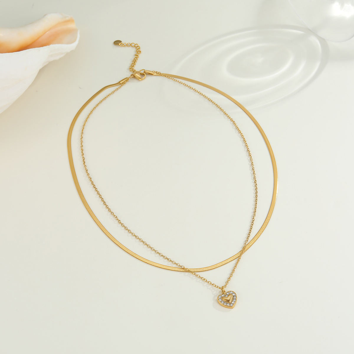 Heart Layered Snake Chain Zircon Pendant Necklace (GOLD)