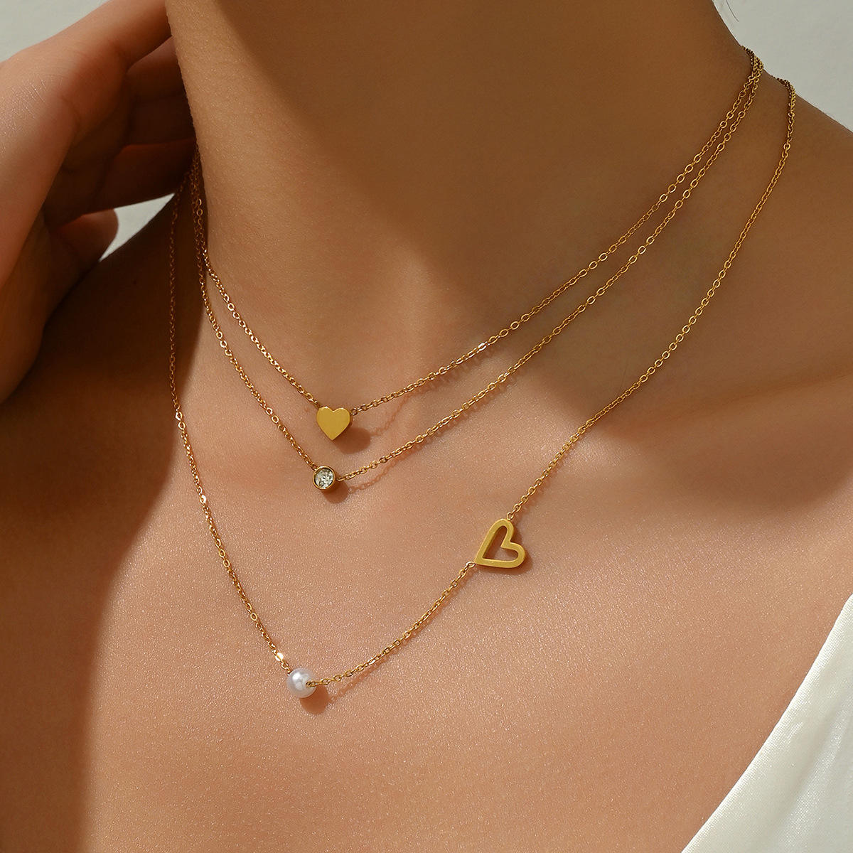 Love Heart Layered Zircon Pearl Pendant Necklace (GOLD)