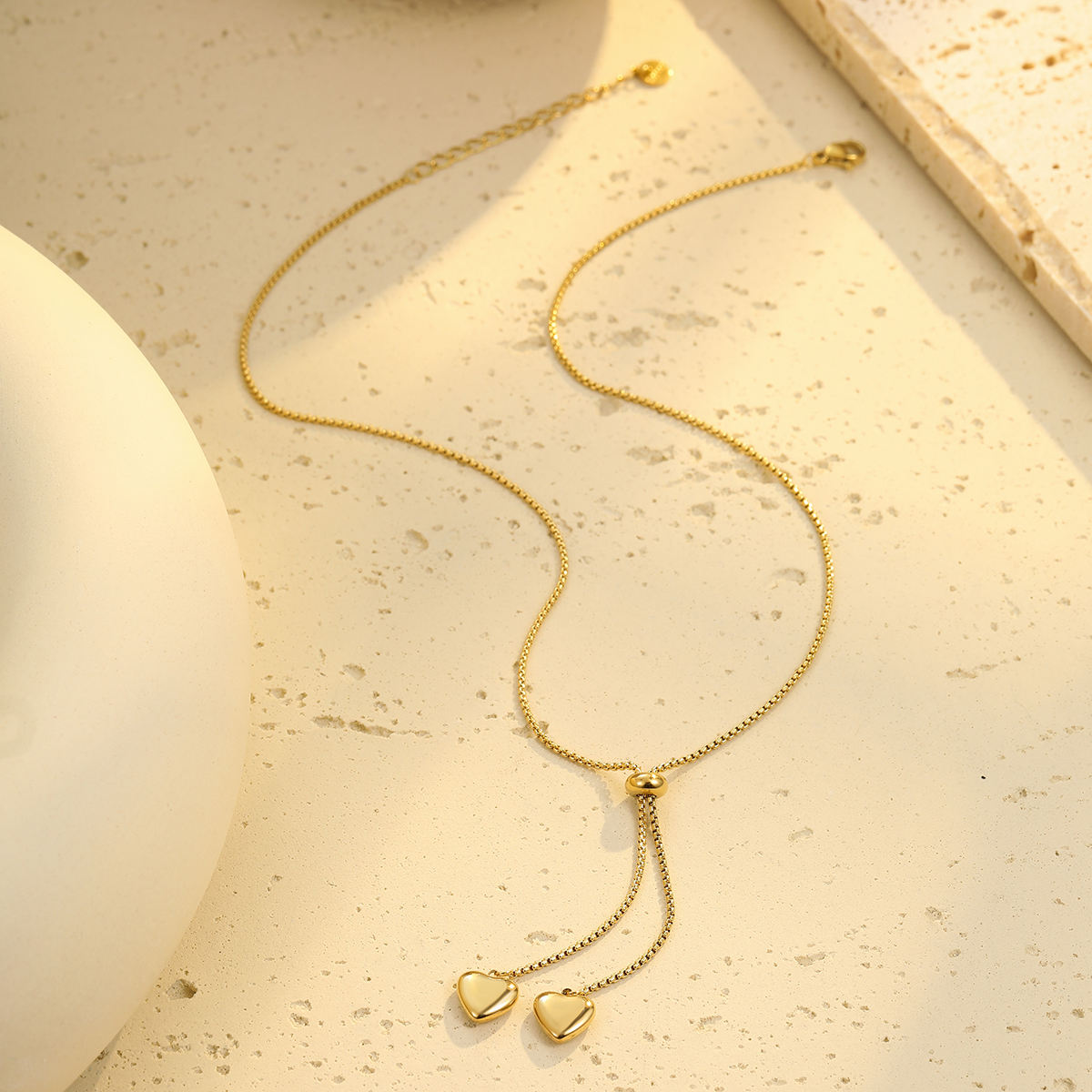 Double Heart Dainty Tassel Adjustable Chain Pendant Necklace (GOLD)