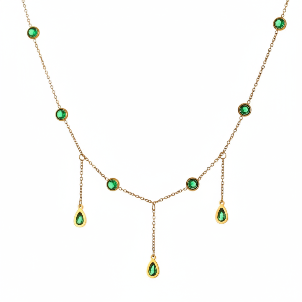 Tassel Green Zircon Water Drops Pendant Necklace (GOLD)