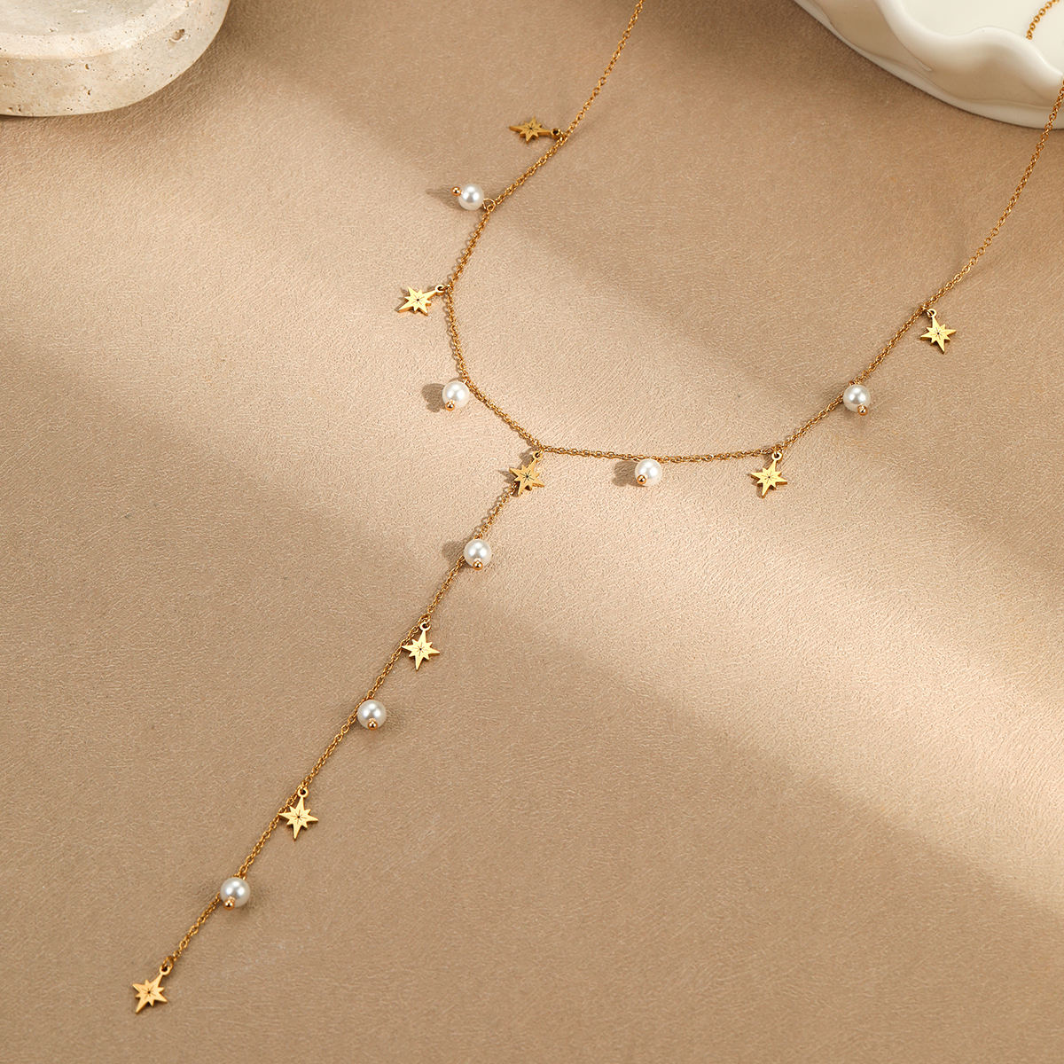 Long Pendant Pearl Star Necklace (GOLD)