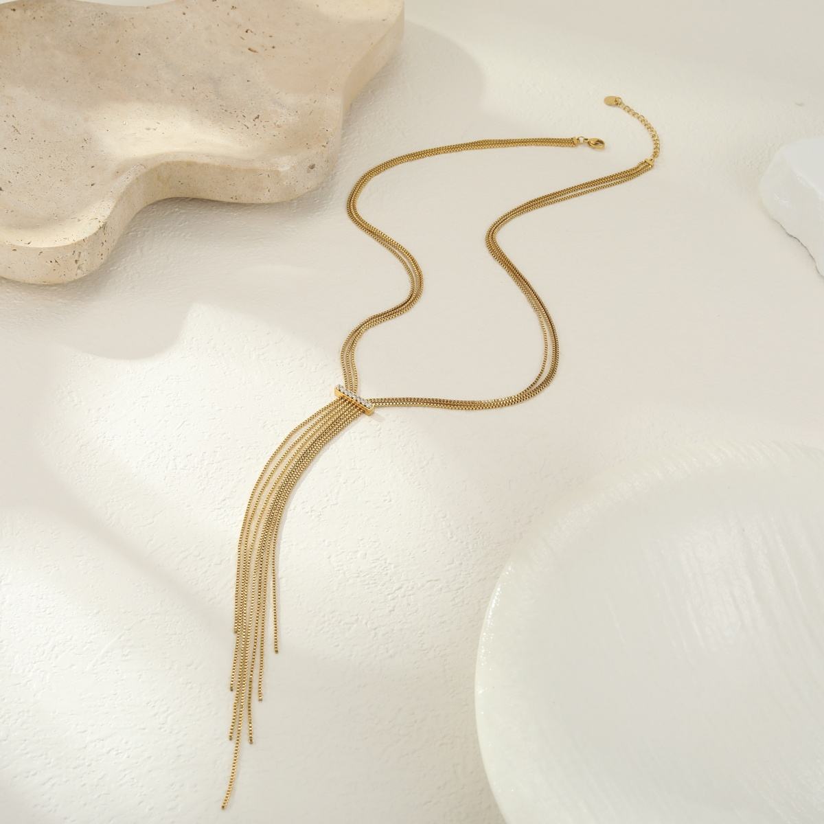 Layered Zircon Long Chain Y-shaped Long Necklace (GOLD)