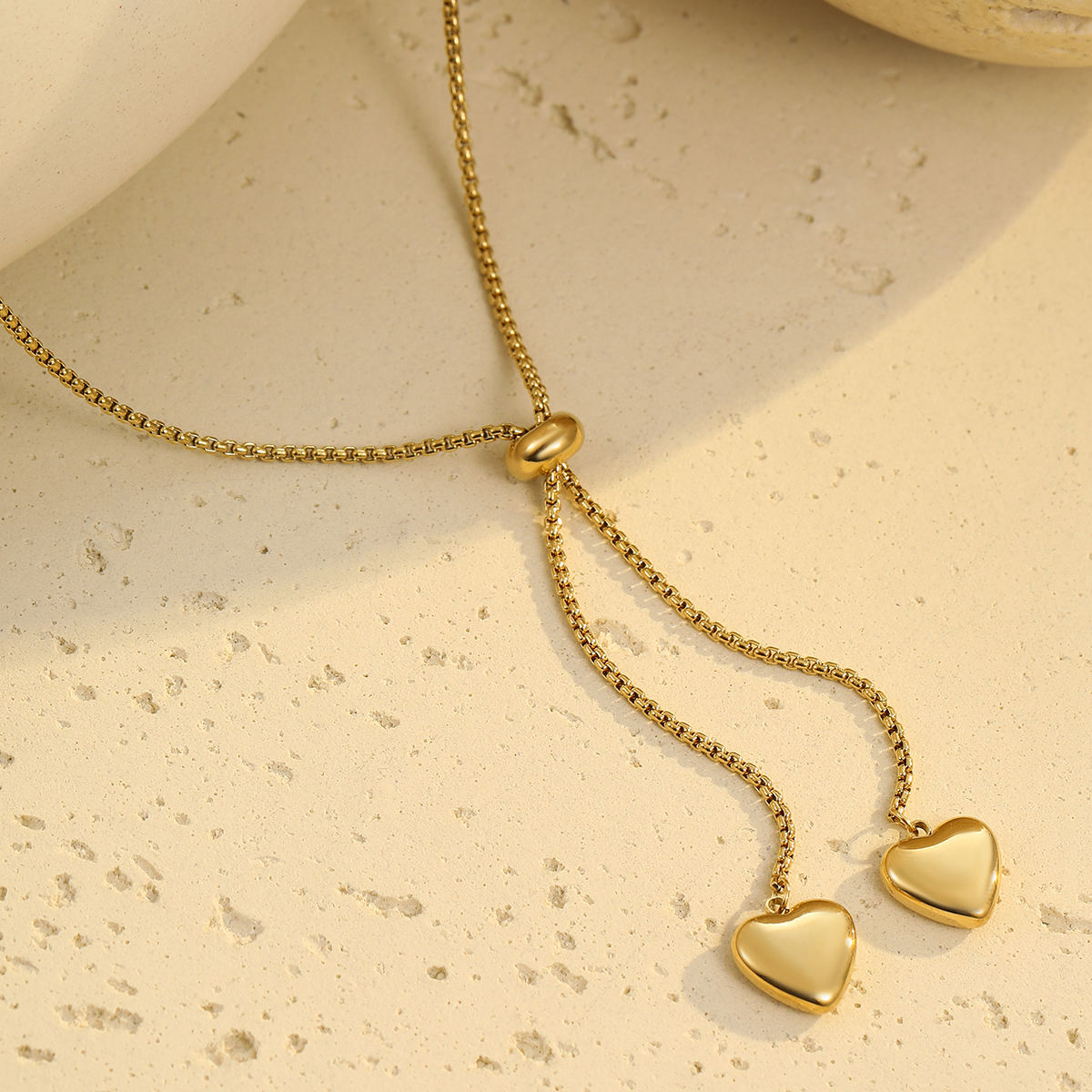 Double Heart Dainty Tassel Adjustable Chain Pendant Necklace (GOLD)