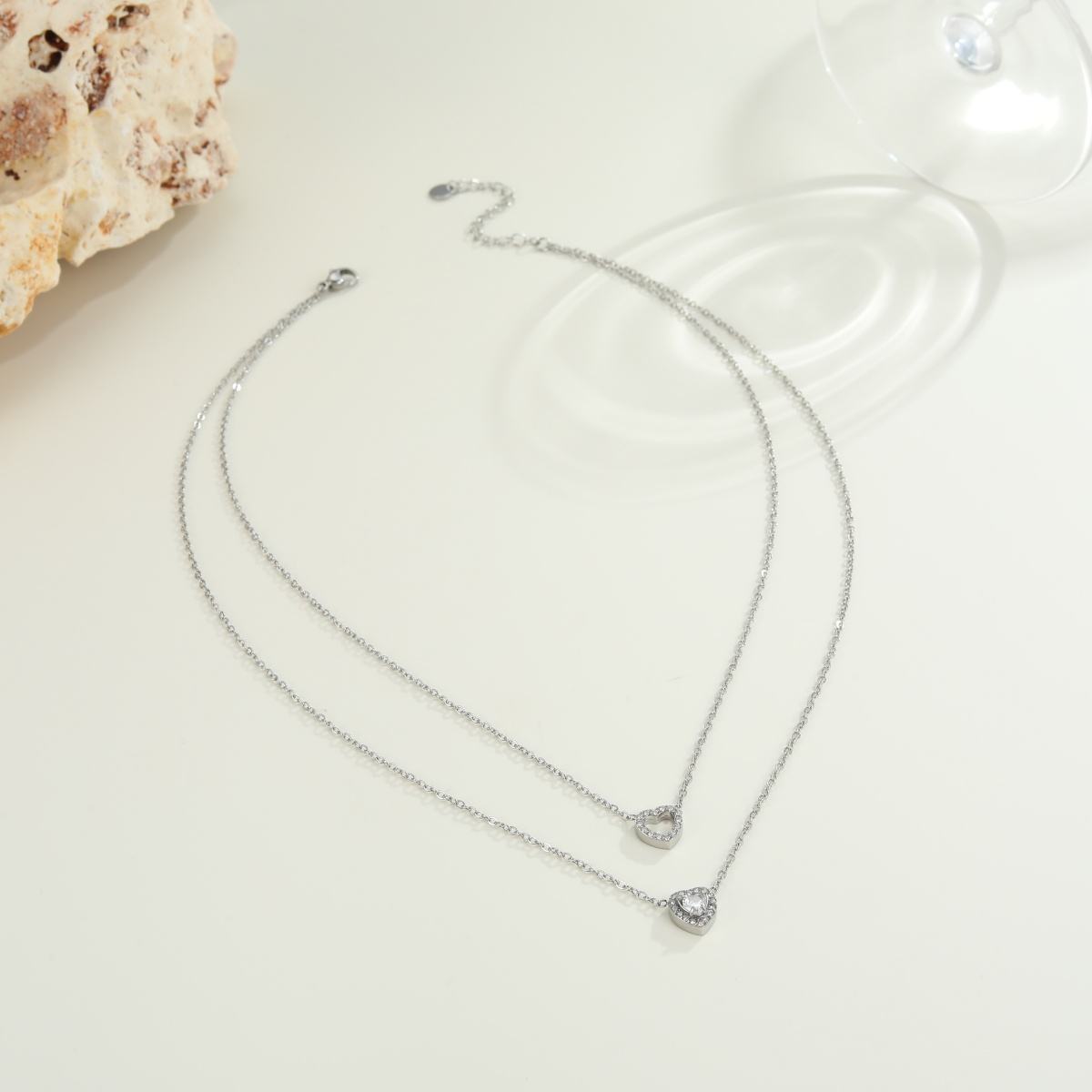 Layered Zircon Stone Heart Pendant Necklace (SILVER)