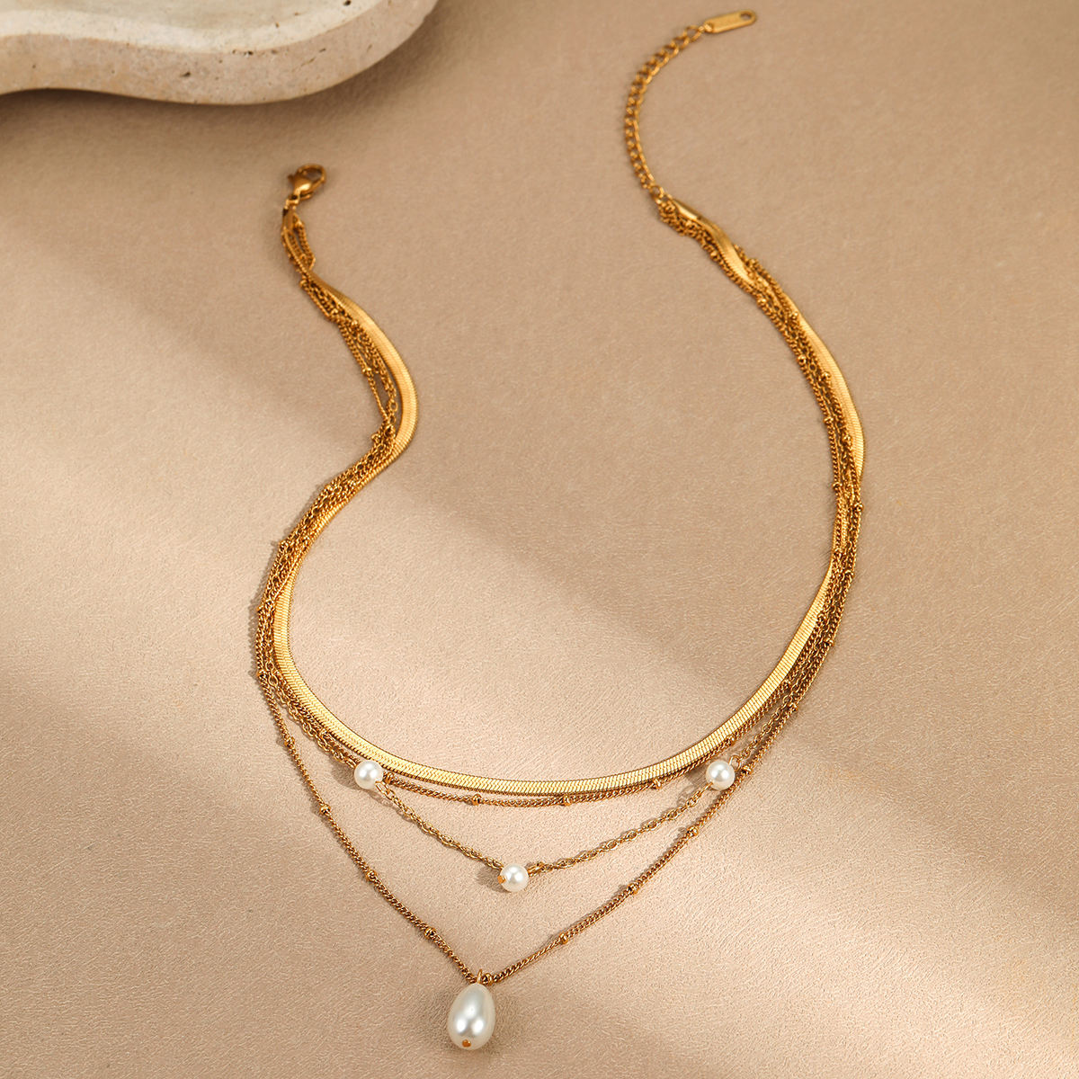 Vintage Layered Pearl Snake Chain Pendant Necklace (GOLD)