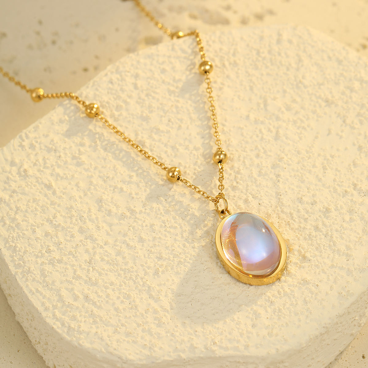 Round Opal Rainbow Stone Pendant Necklace (GOLD)