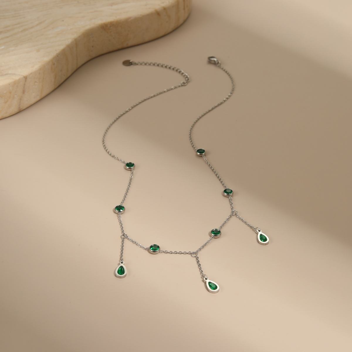 Tassel Green Zircon Water Drops Pendant Necklace (SILVER)