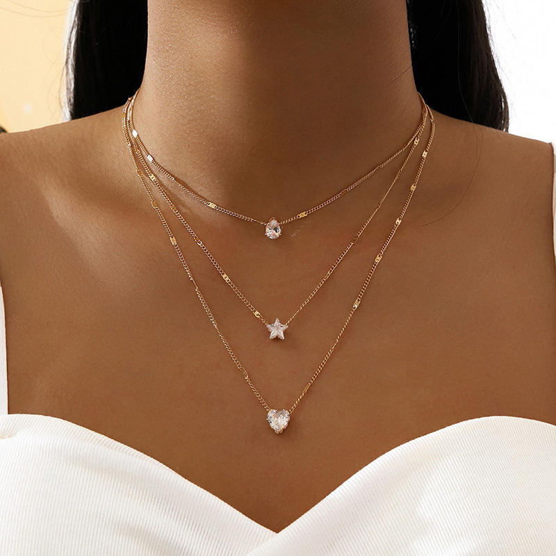 Layered Zircon Rhinestone Love Star Water Drop Heart Pendant Necklace (GOLD)