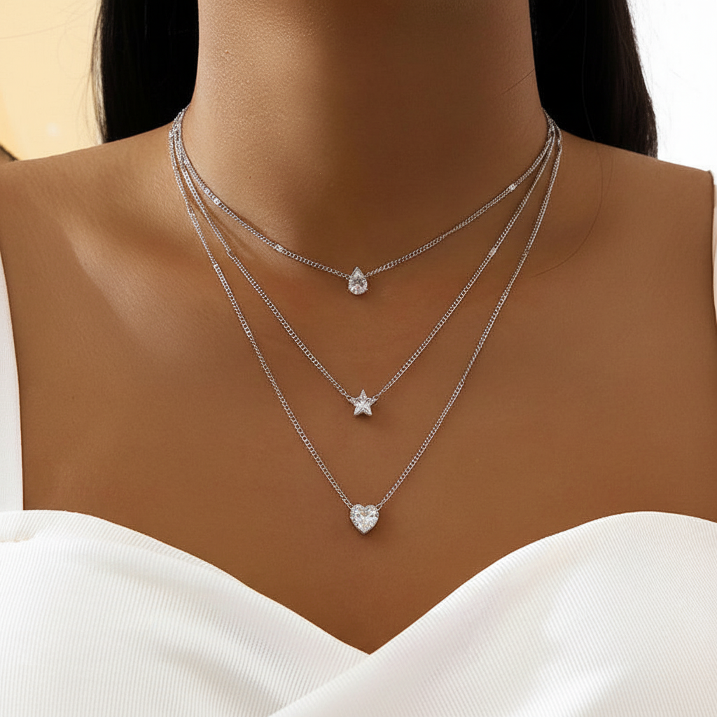 Layred Rhinestone Zircon Love Star Water Drop Heart Pendant Necklace (SILVER)