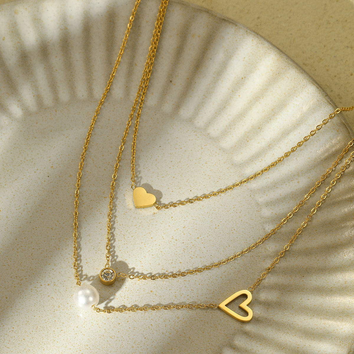 Love Heart Layered Zircon Pearl Pendant Necklace (GOLD)