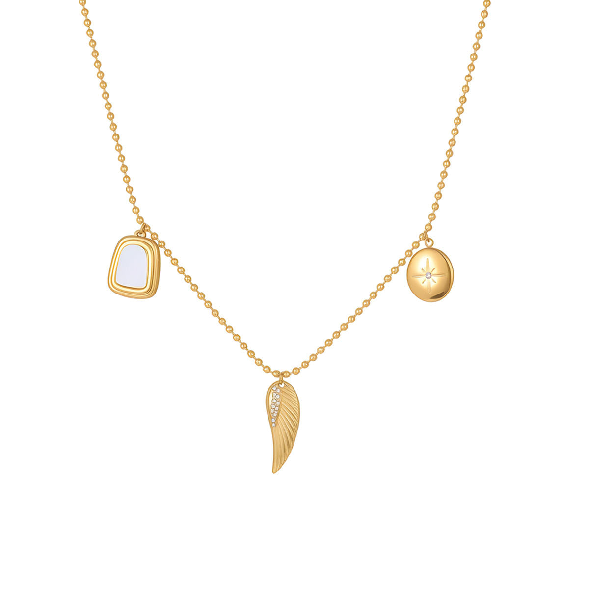 Vintage Feather With White Shell Hexagram Pendant Necklace (GOLD)