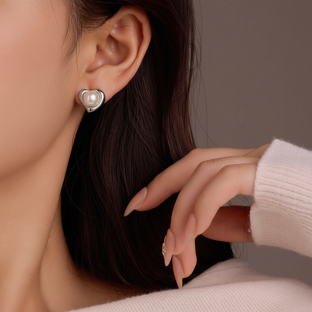 Pearl in Heart Earrings (Silver)