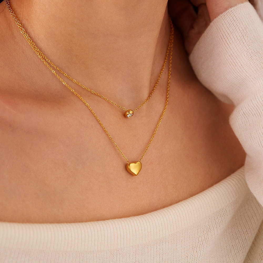 Layered Vintage Zircon Drop Heart Pendants Necklace (GOLD)