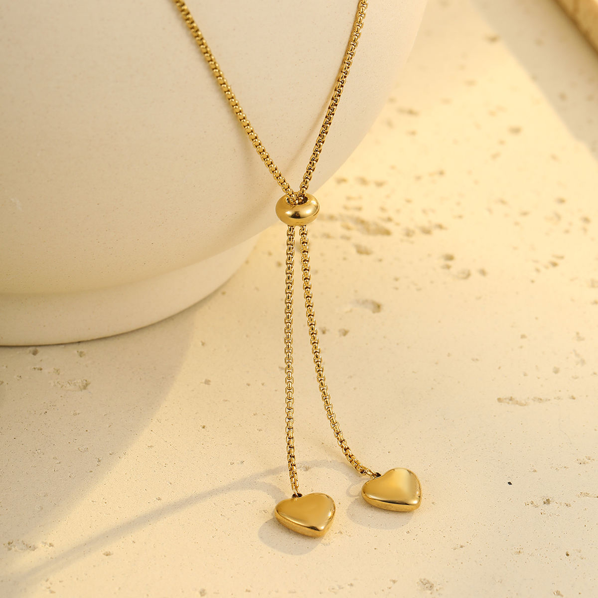 Double Heart Dainty Tassel Adjustable Chain Pendant Necklace (GOLD)