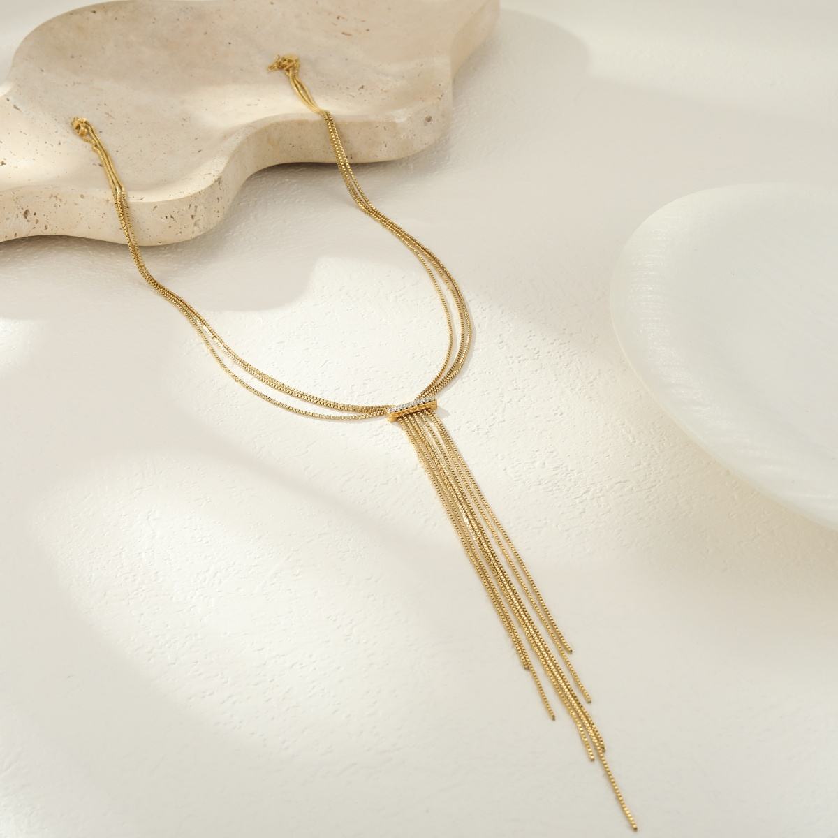 Layered Zircon Long Chain Y-shaped Long Necklace (GOLD)
