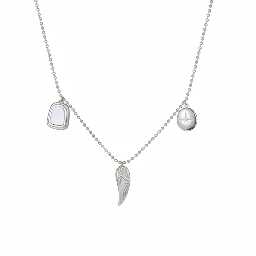 Vintage Feather With White Shell Hexagram Pendant Necklace (SILVER)