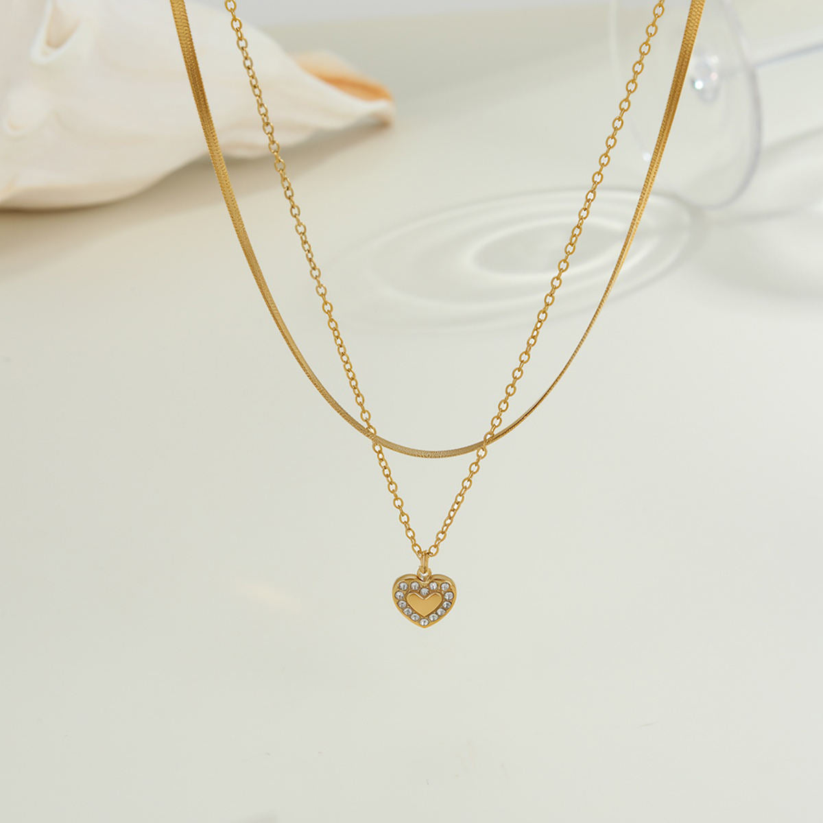 Heart Layered Snake Chain Zircon Pendant Necklace (GOLD)