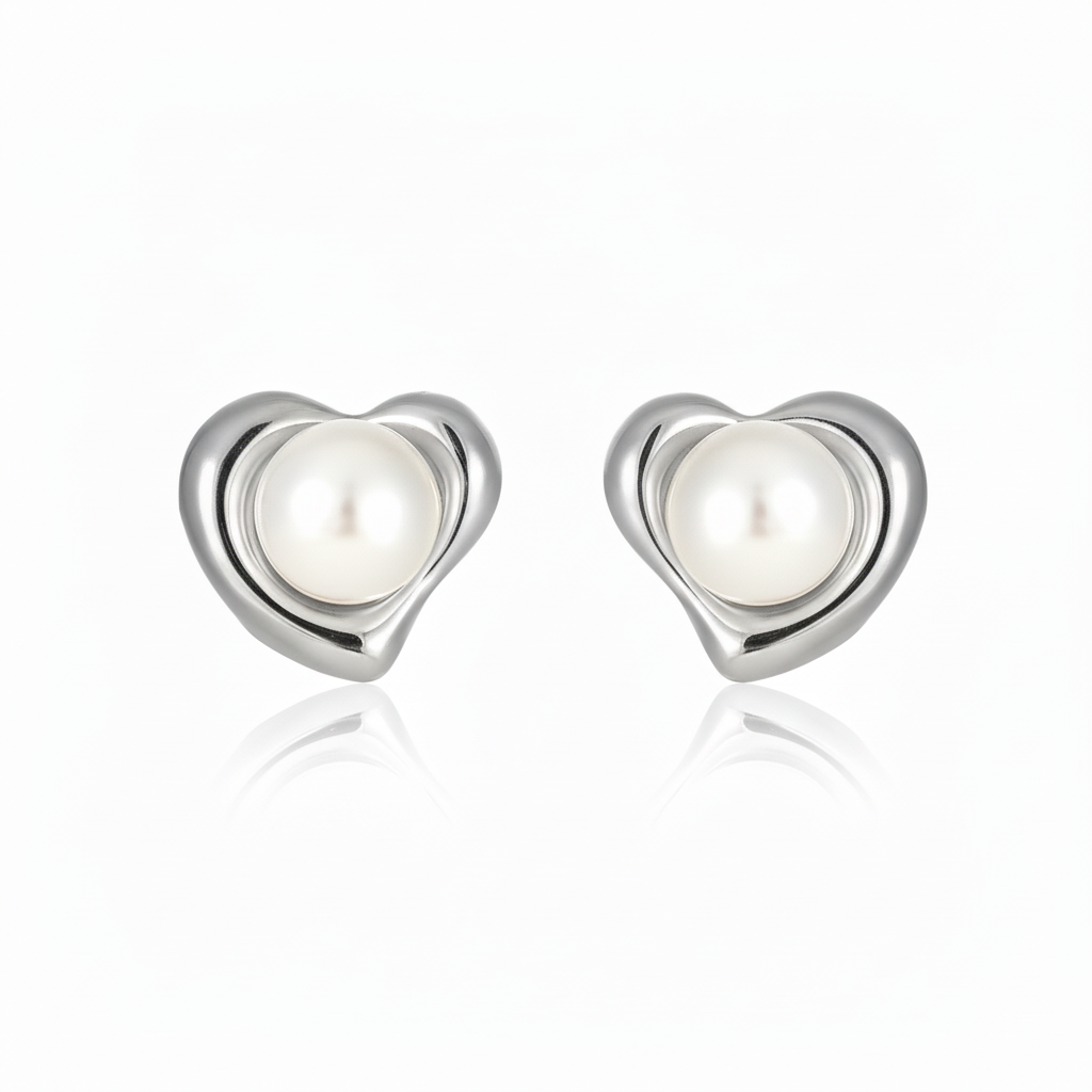 Pearl in Heart Earrings (Silver)
