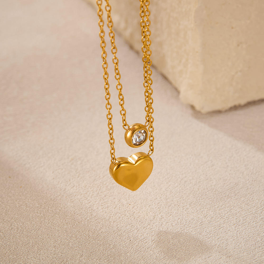 Layered Vintage Zircon Drop Heart Pendants Necklace (GOLD)