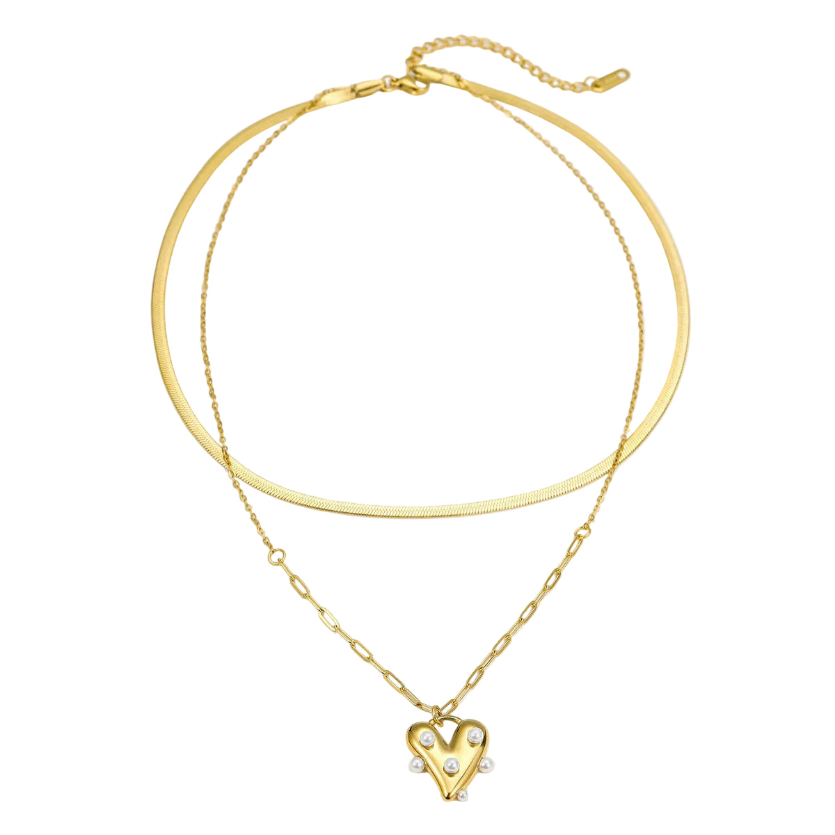 Heart Pearl Flat & Link Chain Layered Necklace (GOLD)