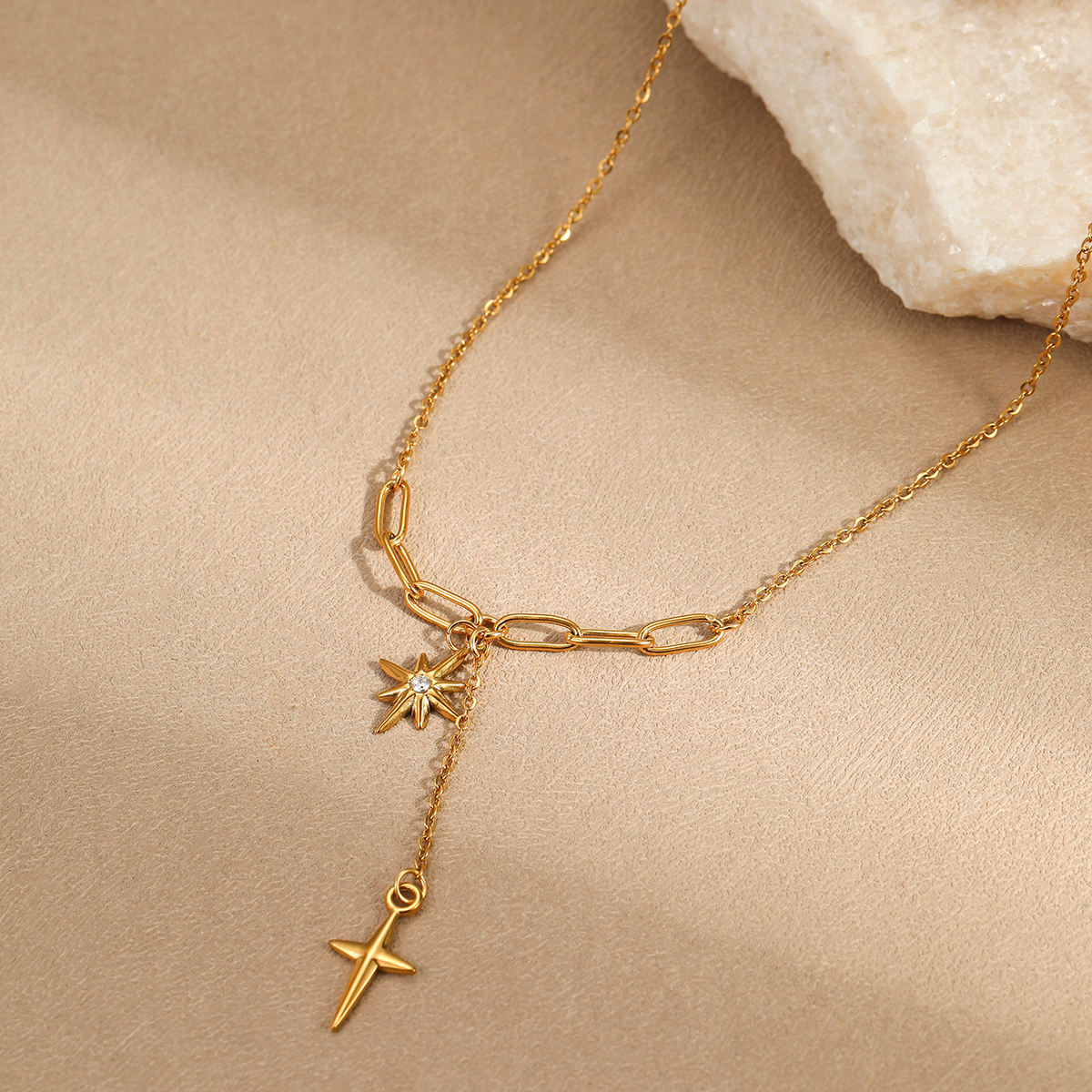 Tassels Geometric Star Two Chain & Zircon Pendant Necklace (GOLD)