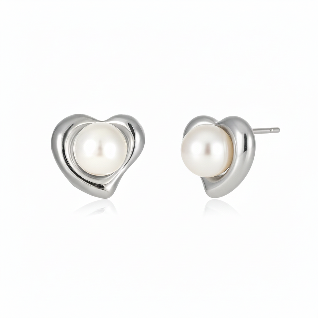 Pearl in Heart Earrings (Silver)