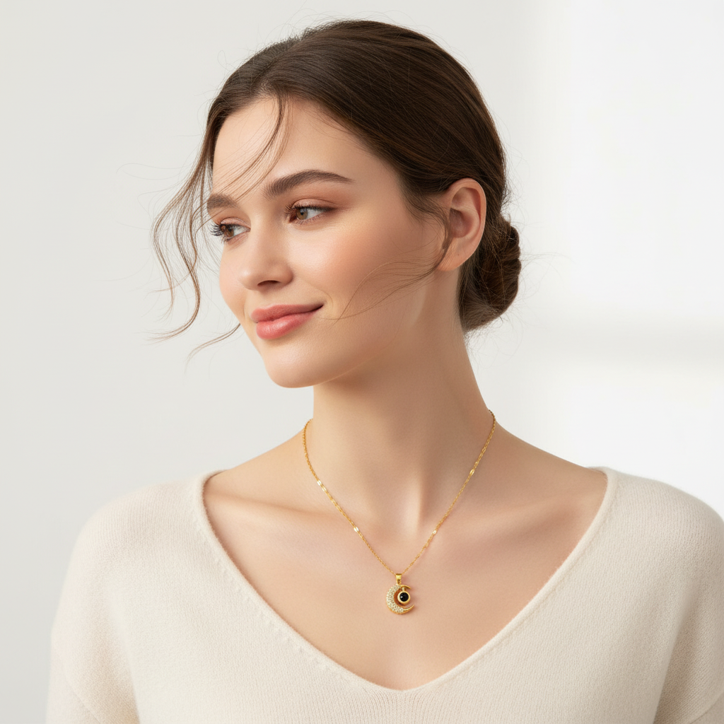 Model wearing Crystal Moon Pendant Necklace - Square format