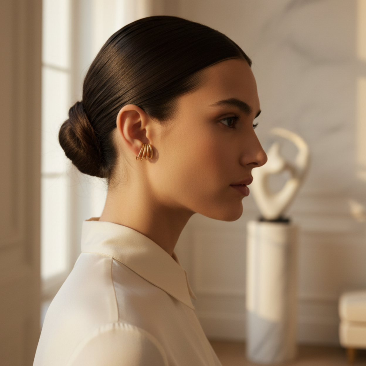 Model wearing delicate gold ear cuffs indoors
