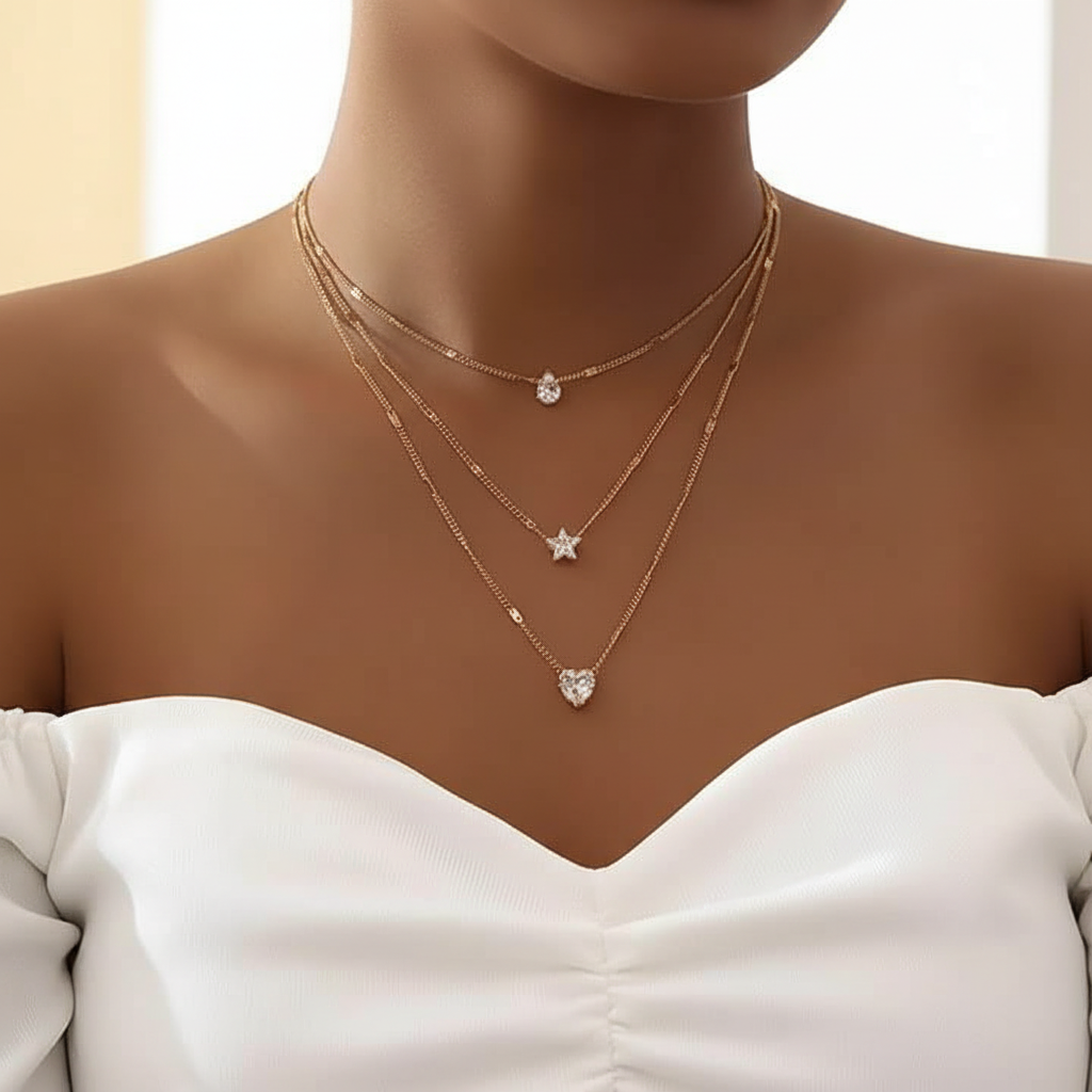 Model Wearing Gold Layered Necklace