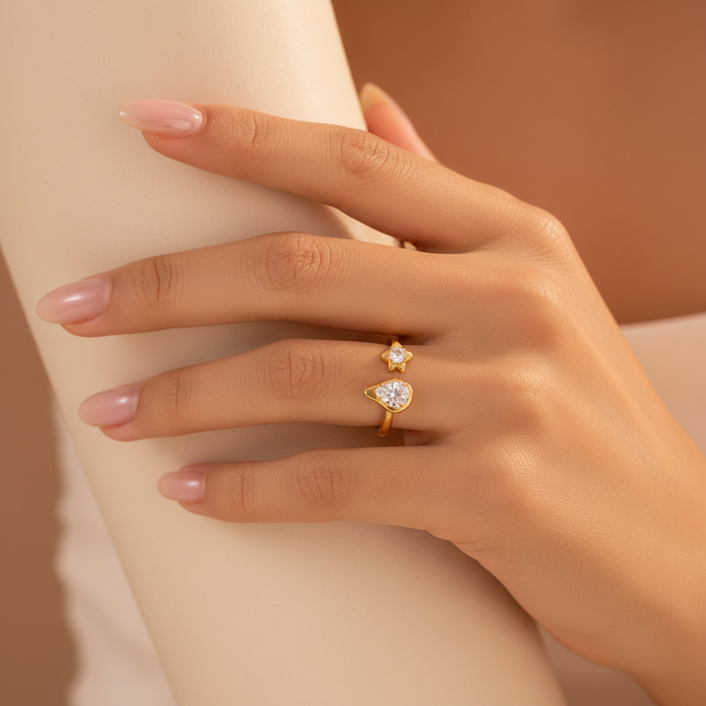 Model wearing gold ring