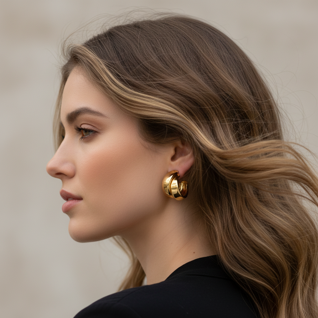 Modern gold hoop earrings on model with loose hair