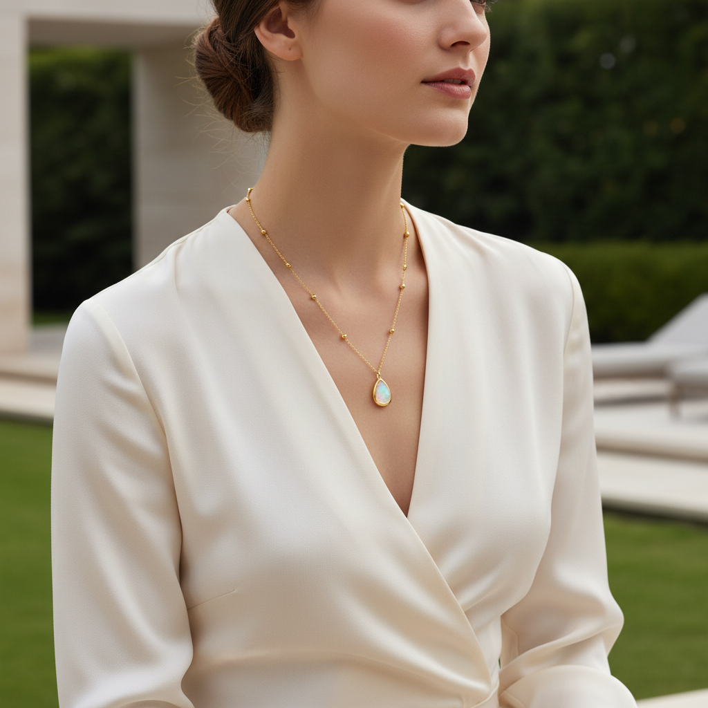 Outdoor luxury lifestyle shot - 17 balls on 15-inch necklace