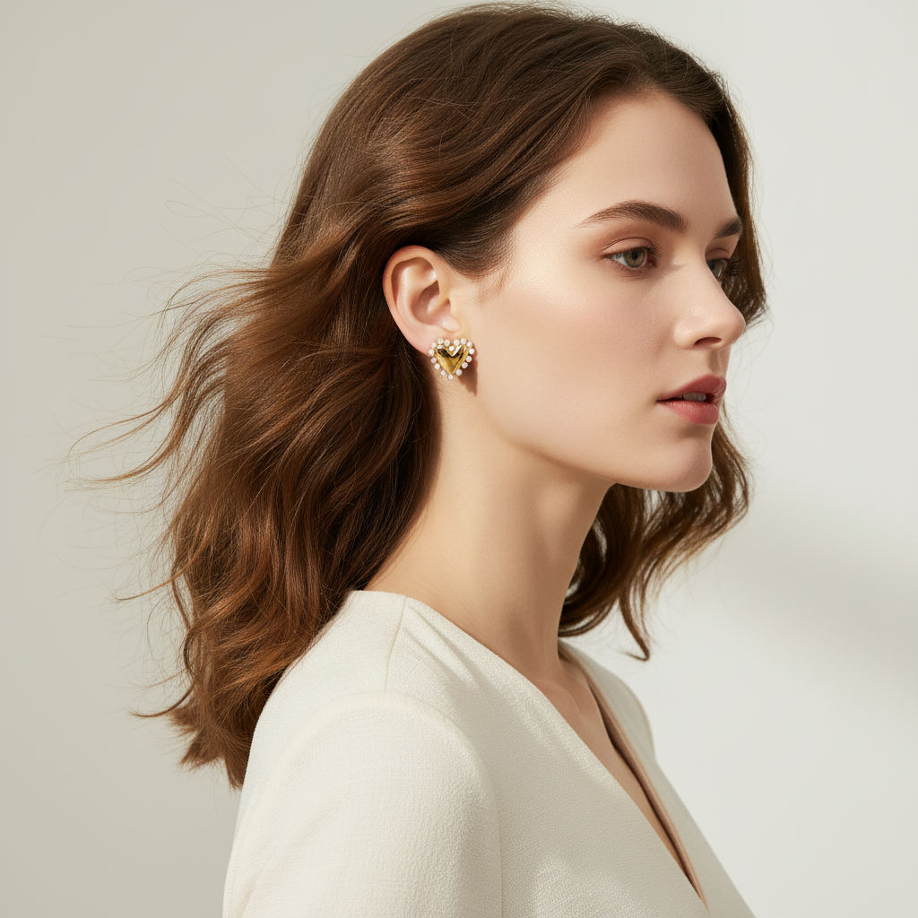 Pearl heart earrings on model - correct size